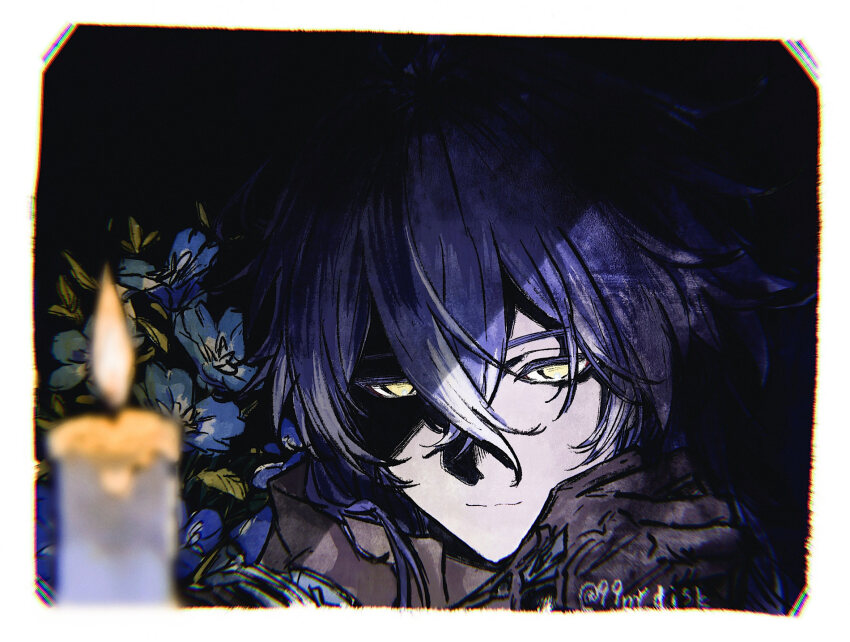 1boy black_background black_jacket blue_flower blue_hair candle closed_mouth collared_jacket commentary crossed_bangs empty_eyes fire flins_(genshin_impact) flower genshin_impact gradient_hair grey_hair hashtag-only_commentary highres jacket kotooooo88 leaf looking_at_viewer male_focus multicolored_hair partially_shaded_face plant popped_collar smile solo twitter_username yellow_eyes