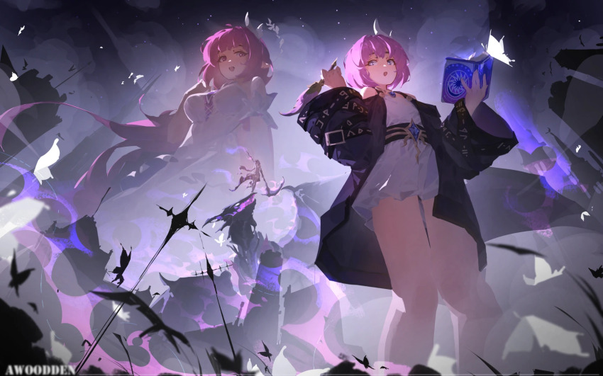 3girls artist_name as_i&#039;ve_written_(honkai:_star_rail) awoodden bare_shoulders book breasts bug butterfly castorice_(honkai:_star_rail) coat commentary_request cyrene_(aedes_elysiae)_(honkai:_star_rail) cyrene_(honkai:_star_rail) cyrene_(ripples_of_past_reverie)_(honkai:_star_rail) dragon dress dual_persona highres holding holding_book holding_quill honkai:_star_rail honkai_(series) insect jewelry long_sleeves medium_breasts medium_hair multiple_girls necklace pink_hair pollux_(honkai:_star_rail) purple_coat purple_sky quill sky white_butterfly white_dress