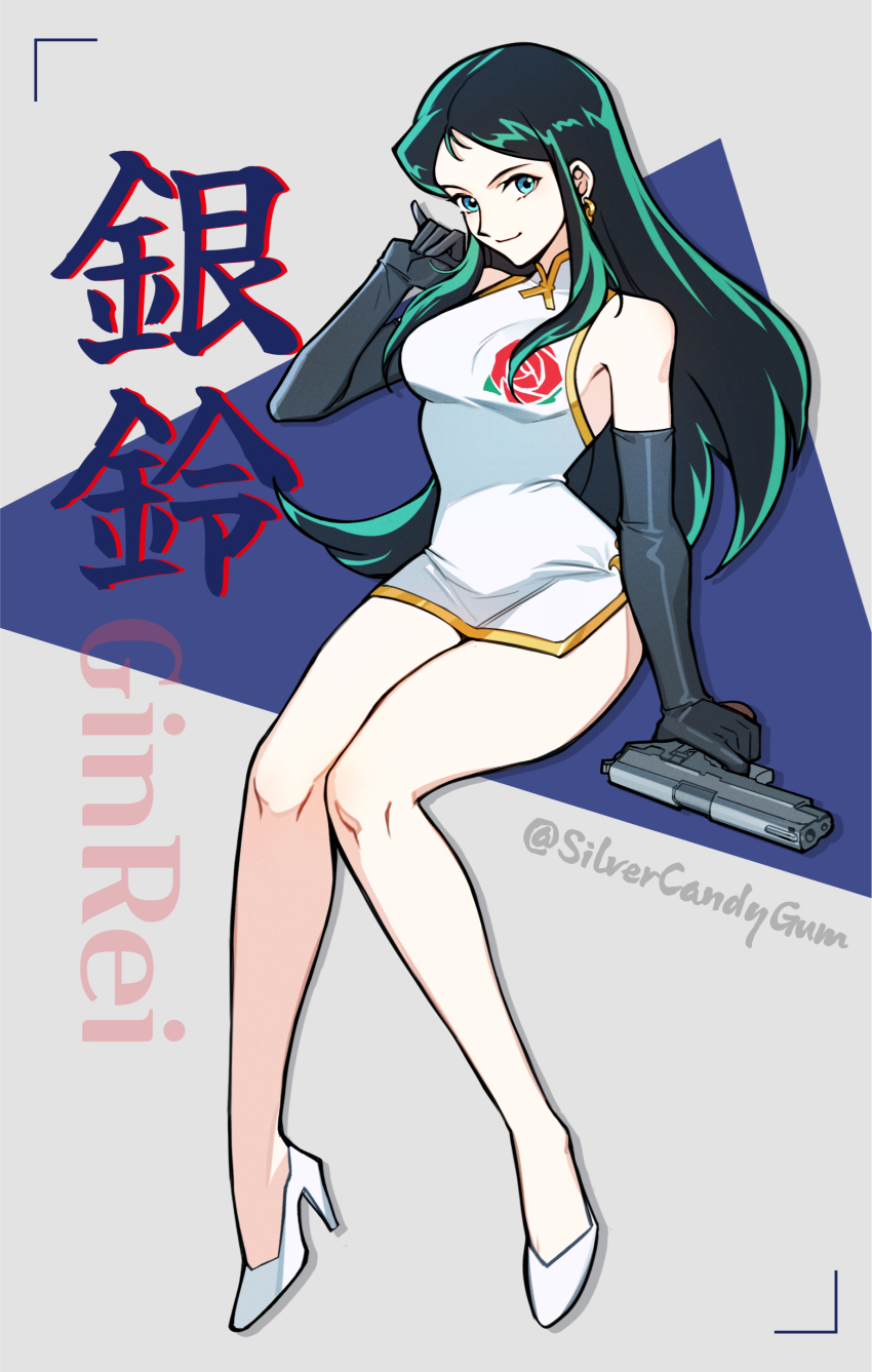 1girl absurdres black_gloves blue_eyes breasts china_dress chinese_clothes closed_mouth commentary dress earrings elbow_gloves full_body giant_robo ginrei_(giant_robo) gloves green_hair gun high_heels highres holding holding_gun holding_weapon jewelry long_hair looking_at_viewer mackintosh_rose medium_breasts silvercandy_gum skirt smile solo weapon white_dress