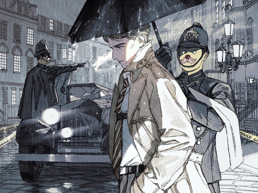 3boys brown_coat brown_hair building car chest_belt cigarette closed_mouth coat collared_coat collared_shirt custodian_helmet facial_hair grey_background grey_eyes hands_in_pockets hands_up hat high_collar highres holding holding_umbrella jaddddan lamppost long_sleeves looking_to_the_side male_focus motor_vehicle multiple_boys mustache necktie original outdoors pointing police police_hat police_uniform policeman rain shirt short_hair smoke smoke_trail smoking standing stone_floor striped_necktie trench_coat umbrella united_kingdom very_short_hair whistle