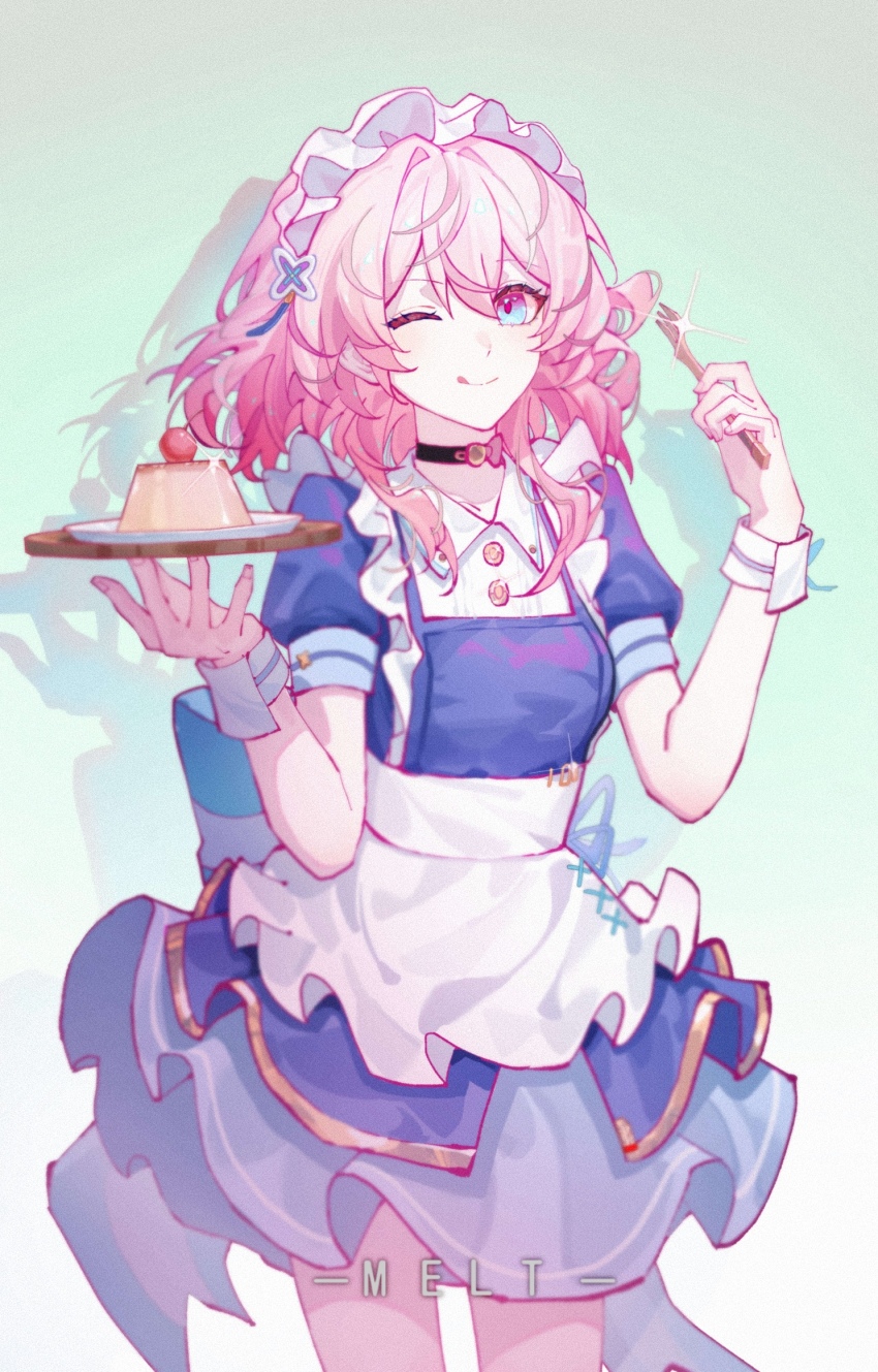 1girl ;) alternate_costume apron artist_name black_choker blue_dress choker commentary_request dress food fork highres holding holding_fork holding_plate honkai:_star_rail honkai_(series) licking_lips maid maid_apron maid_headdress march_7th_(honkai:_star_rail) medium_hair meirong multicolored_eyes one_eye_closed pink_hair plate pudding smile solo tongue tongue_out two-tone_eyes white_apron white_background
