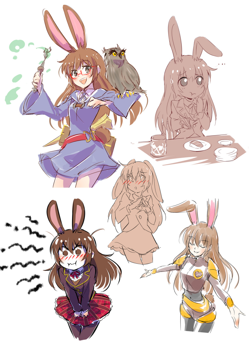 10s 1girl alternate_costume animal_ears bird blush chopsticks cup dual_persona closed_eyes food glasses han_megumi highres iesupa kagari_atsuko little_witch_academia owl plate pout rabbit_ears rabbit_girl rabbit_tail rwby school_uniform sushi sweatdrop tail teacup velvet_scarlatina voice_actor_connection