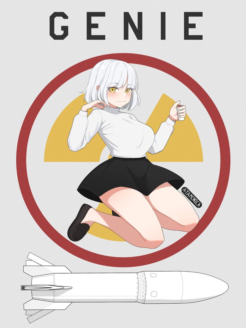 air-2_genie air-to-air_rocket artist_name atamonica black_footwear black_skirt blush breasts detonator grey_background hand_in_own_hair hands_up hazard_symbol highres holding large_breasts long_sleeves looking_at_viewer missile nuclear_weapon original personification radiation_symbol rocket_(projectile) seiza short_hair simple_background sitting skirt smile sweater thighs weapon_of_mass_destruction white_hair white_sweater yellow_eyes