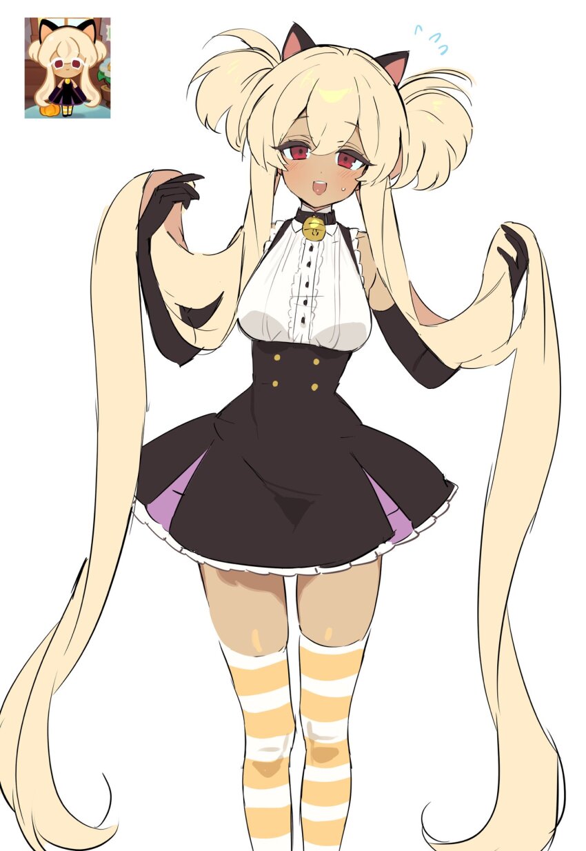 1girl :d animal_ears bare_shoulders bell black_collar black_gloves black_skirt blush breasts buttons caramel_choux_cookie cat_ears center_frills collar cookie_run cookie_run:_kingdom dark-skinned_female dark_skin double-breasted double-parted_bangs double_bun elbow_gloves fake_animal_ears feet_out_of_frame flying_sweatdrops frilled_shirt frills gloves gold_buttons hair_between_eyes hair_bun high-waist_skirt highres holding holding_own_hair humanization long_sidelocks medium_breasts miniskirt neck_bell ohta_guk_hip open_mouth orange_thighhighs petticoat raised_eyebrows red_eyes reference_inset shirt shirt_tucked_in short_hair_with_long_locks sidelocks skirt sleeveless sleeveless_shirt smile solo standing straight-on sweatdrop teeth thighhighs tongue tongue_out two-tone_thighhighs upper_teeth_only very_long_sidelocks white_thighhighs zettai_ryouiki