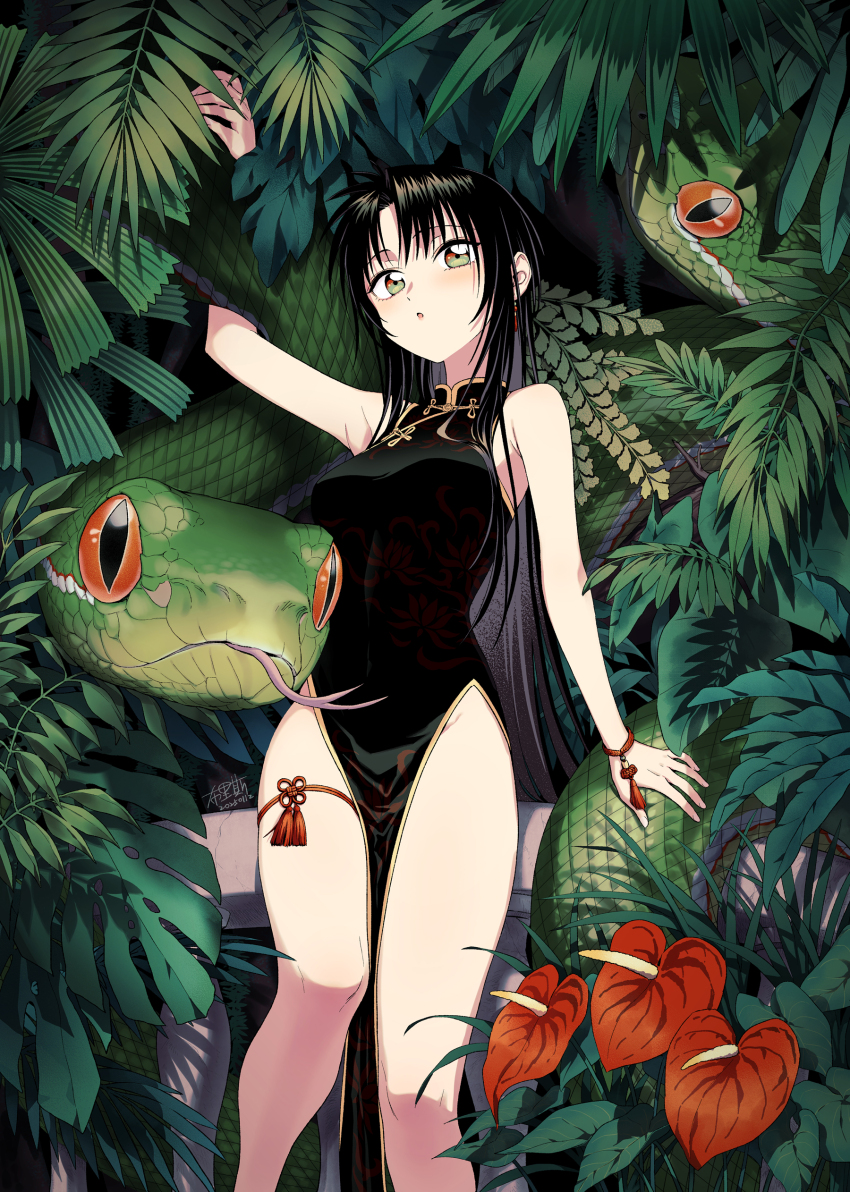 1girl absurdres animal arm_at_side armpits bare_shoulders black_dress black_hair bliss_(ferment_factory) bracelet breasts china_dress chinese_clothes chinese_zodiac commentary dress earrings feet_out_of_frame floral_print floral_print_dress foliage forked_tongue gold_trim green_eyes green_snake groin hair_over_shoulder hands_up highres jewelry leaf light_blush long_hair looking_at_viewer mandarin_collar medium_breasts multiple_earrings new_year original oversized_animal pankou parted_bangs parted_lips pelvic_curtain red_eyes side_slit slit_pupils snake snake_wrapped_around_arm solo standing symbol-only_commentary thigh_strap tongue tongue_out very_long_hair year_of_the_snake