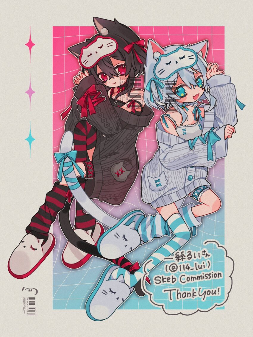 2girls animal_ears asymmetrical_legwear bare_shoulders black_cardigan black_hair black_thighhighs black_vs_white blue_eyes blue_ribbon blue_thighhighs cardigan cat_ears cat_girl cat_tail commission highres long_sleeves looking_at_viewer loose_thighhigh mask mask_on_head multiple_girls nasi_(na_si) off_shoulder original red_eyes red_ribbon red_thighhighs ribbon skeb_commission sleep_mask slippers striped_clothes striped_thighhighs tail tail_ornament tail_ribbon thighhighs uneven_legwear watermark white_cardigan white_hair white_thighhighs