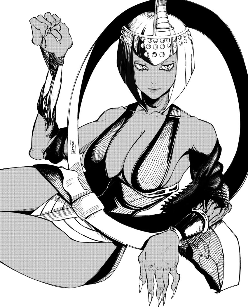 1girl black_hair blood bob_cut breasts circlet cleavage clenched_hand collarbone dark-skinned_female dark_skin dress eliza_(skullgirls) exposed_bone feather_hair_ornament fingernails greyscale hair_ornament half-closed_eyes hand_up highres large_breasts long_fingernails lying monochrome on_side short_hair skullgirls solo vambraces