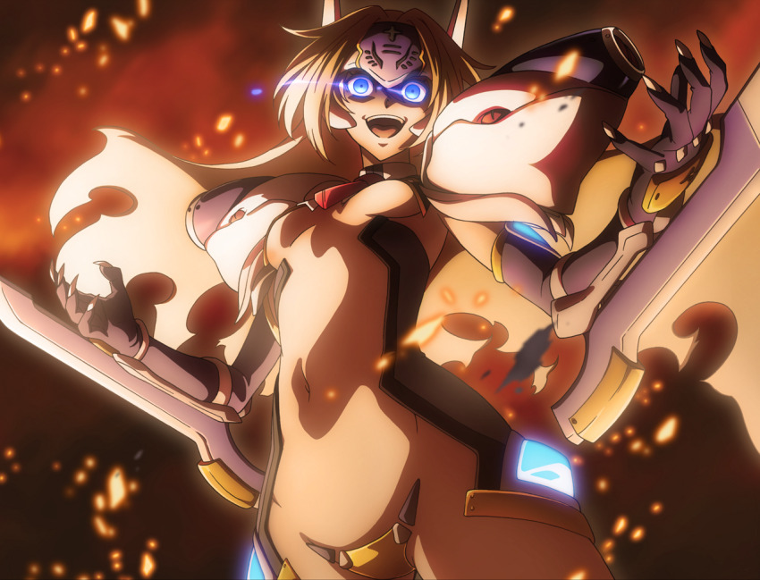 1girl blazblue blazblue:_chronophantasma blonde_hair evil_smile fire laughing mecha_musume mu-12 navel official_art smile tagme