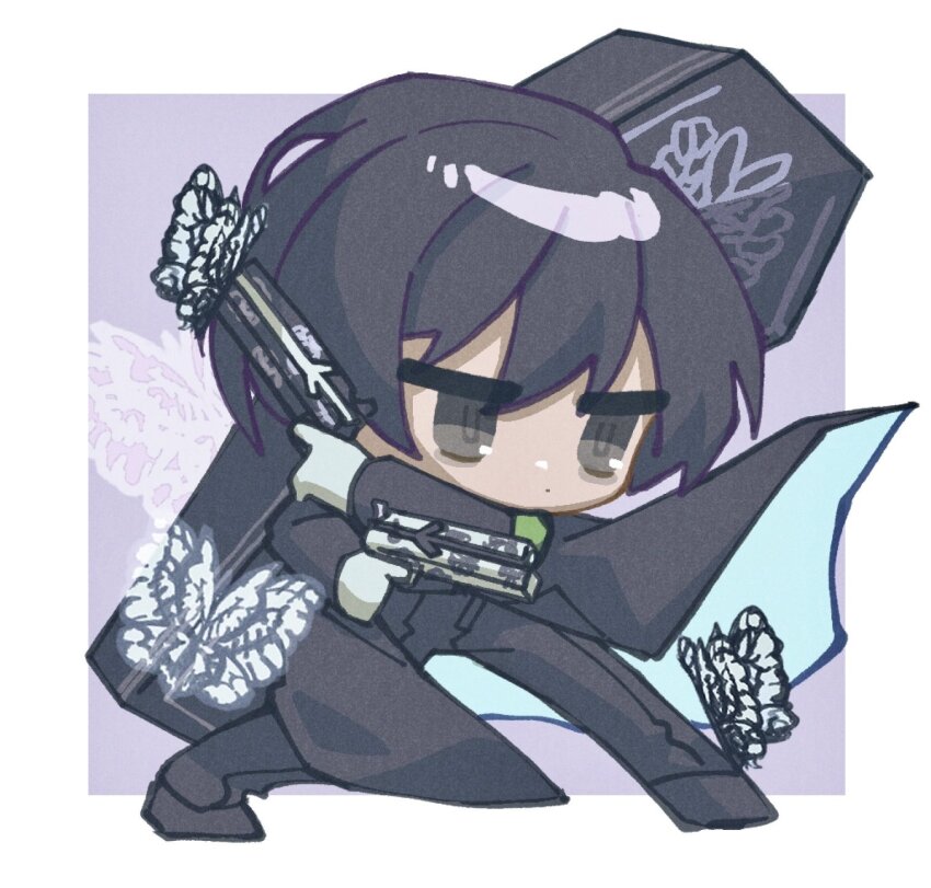 1boy armband black_butterfly black_eyes black_hair black_pants black_shoes black_suit border bug butterfly chibi chibi_only coffin dual_wielding e.g.o_(project_moon) floating_cape formal_clothes gloves green_armband gun highres holding holding_gun holding_weapon insect limbus_company nantekottawo!! pants parted_bangs project_moon purple_background shoes short_hair solemn_lament_(e.g.o) solo suit weapon white_border white_butterfly white_gloves yi_sang_(project_moon)