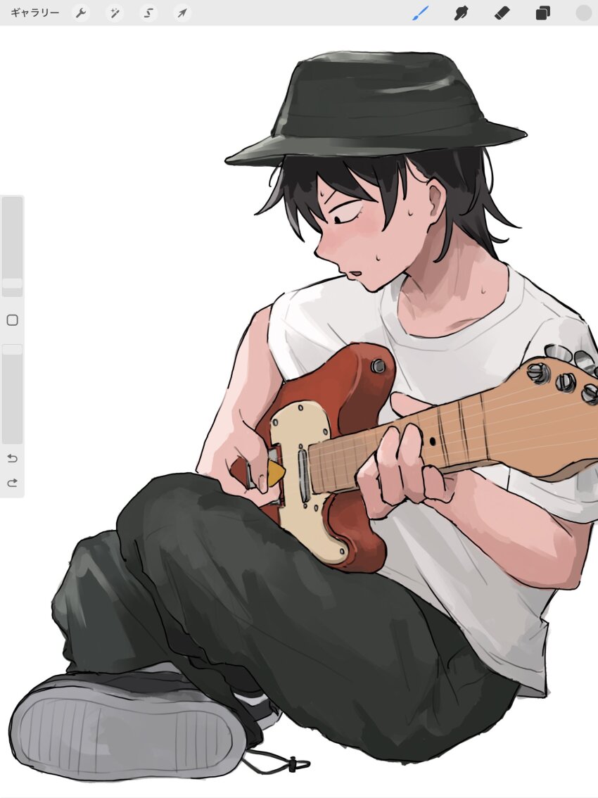 1girl art_program_in_frame black_eyes black_hair black_hat black_pants blush bucket_hat electric_guitar fender_telecaster full_body futsuu_no_keion-bu guitar hashtag-only_commentary hat hatono_chihiro highres holding holding_plectrum indian_style instrument kusakabe_(kskb_e) pants parted_lips playing_guitar playing_instrument plectrum procreate_(software) shirt shoes short_sleeves sitting solo sweat t-shirt white_shirt