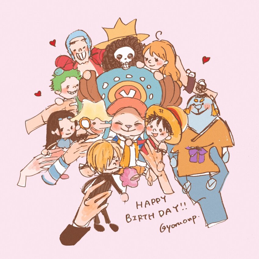 ^_^ afro black_hair blonde_hair blue_hair blue_skin blush brook_(one_piece) buzz_cut closed_eyes colored_skin commentary_request cross crown disembodied_hand doll franky_(one_piece) green_hair hair_over_one_eye happy_birthday hat headphones highres holding hood jinbe_(one_piece) log_pose long_nose monkey_d._luffy nami_(one_piece) nico_robin nico_robin_(return_to_sabaody) one_piece orange_hair out_of_frame pink_background roronoa_zoro sanji_(one_piece) short_hair simple_background smile straw_hat straw_hat_pirates tony_tony_chopper twitter_username usopp very_short_hair yoru_onp