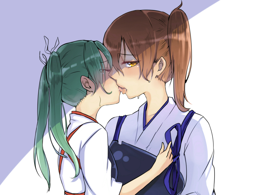 10s 2girls brown_eyes brown_hair closed_eyes female_focus french_kiss green_hair highres japanese_clothes kaga_(kancolle) kantai_collection kiss kotori_(b-i-r-d) long_hair multiple_girls muneate saliva side_ponytail size_difference tongue twintails yuri zuikaku_(kancolle)