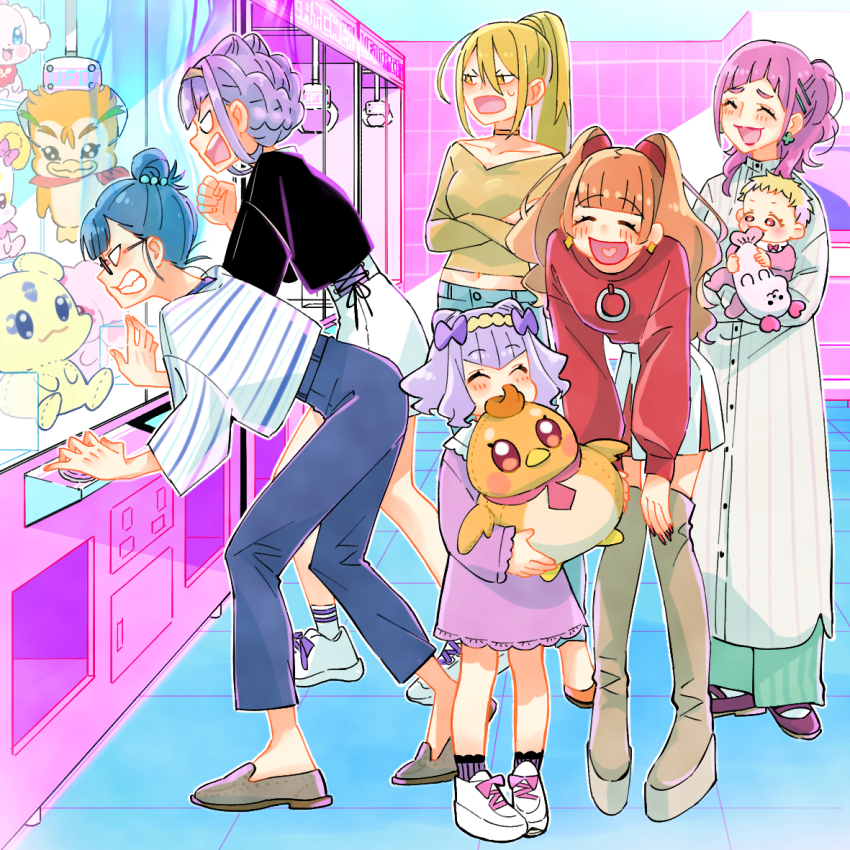 6+girls :d aged_up aisaki_emiru ankle_socks baby black_shirt blank_eyes blonde_hair blue_pants blunt_bangs boots braid brown_footwear brown_hair candy_(smile_precure!) capri_pants carrying character_doll child_carry choker clenched_hand closed_eyes collared_shirt commentary cone_hair_bun crane_(machine) crossed_arms cut_bangs denim doll double_bun dress earrings facing_another flats frown futari_wa_precure glaring glasses grey_footwear grey_hairband grey_shirt grimace hair_bun hair_intakes hair_ornament hair_ribbon hairband hairclip half-closed_eyes hands_on_own_knees heel_up high_collar hirogaru_sky!_precure hugtto!_precure in-franchise_crossover jeans jewelry kagayaki_homare kirakira_precure_a_la_mode kururun_(precure) leaning_forward long_hair long_shirt long_sleeves medium_dress mepple midriff miniskirt mipple mother_and_daughter multiple_girls navel no_socks nono_hana onesie open_mouth pants pekorin_(precure) pleated_skirt ponytail precure purple_dress purple_footwear purple_hair purple_ribbon purple_socks red_sweater ribbon ruru_amour shirt shoes short_hair skirt smile smile_precure! sneakers socks striped_clothes striped_shirt stuffed_animal stuffed_toy sweatdrop sweater syrup_(yes!_precure_5) thigh_boots time_paradox ton_(ton39342104) v-shaped_eyes white_footwear white_shirt white_skirt white_socks yakushiji_saaya yellow_choker yellow_hairband yellow_shirt yes!_precure_5 yes!_precure_5_gogo! yuunagi_tsubasa yuunagi_tsubasa_(bird)