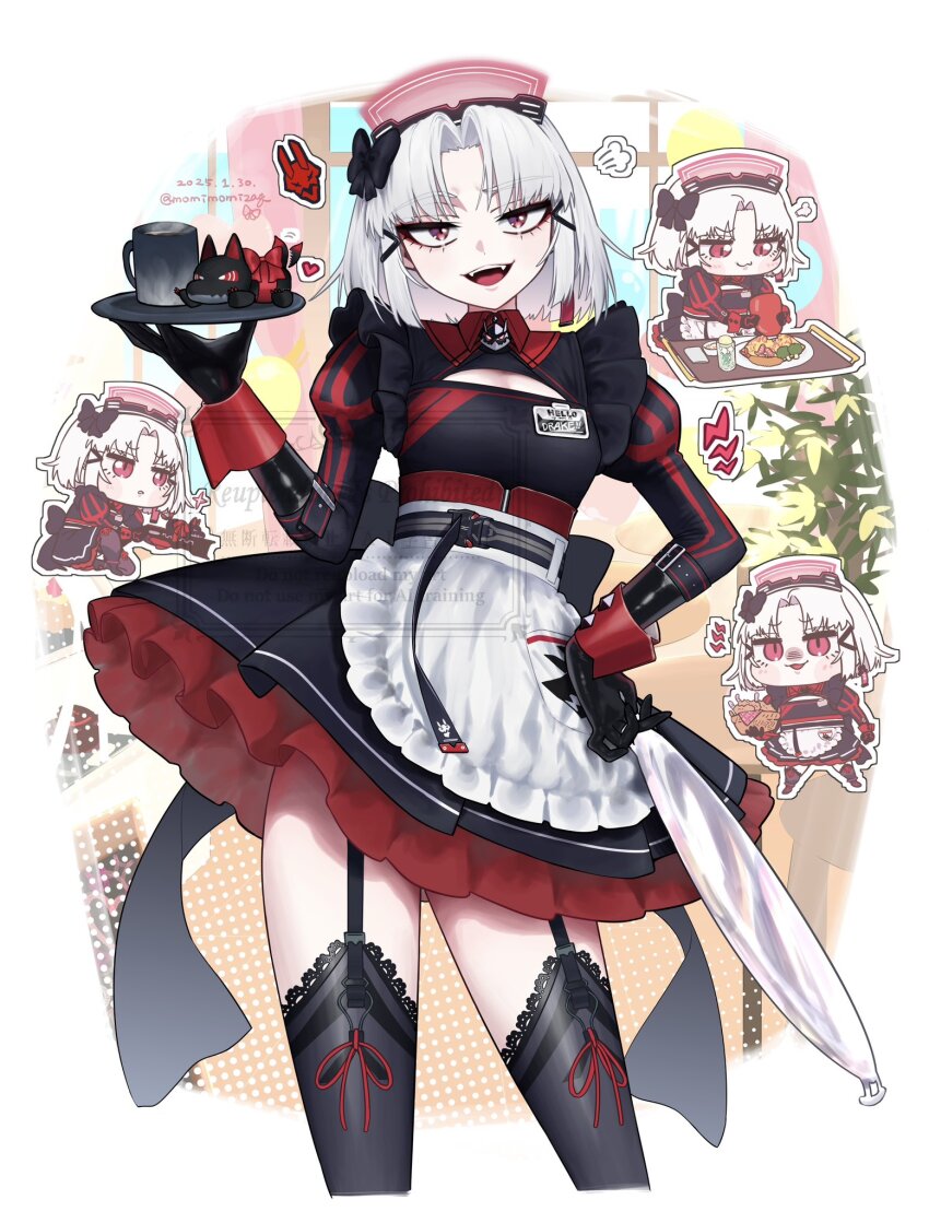 1girl apron black_dress black_gloves black_thighhighs chibi coffee_mug cup drake_(maid_for_villain)_(nikke) drake_(nikke) dress garter_straps gloves goddess_of_victory:_nikke grey_hair highres holding holding_tray maid_apron maid_headdress mug name_tag nikumanman open_mouth puff_of_air red_dress red_eyes red_headdress stream teeth thighhighs tray two-tone_dress upper_teeth_only waist_apron