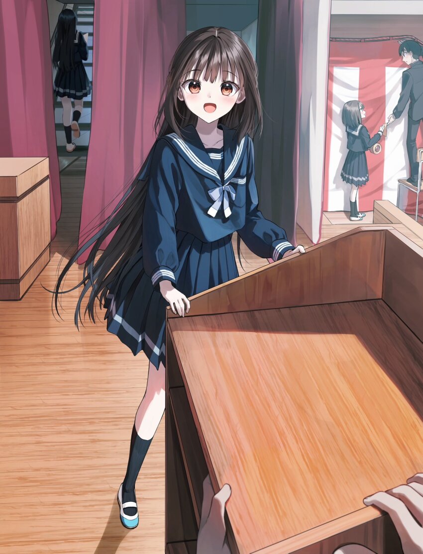 2boys 3girls :d black_jacket black_pants black_socks blue_bow blue_sailor_collar blue_serafuku blue_shirt blue_skirt blush bow brown_eyes brown_hair collarbone commentary_request curtains gakuran highres indoors jacket long_hair looking_at_viewer multiple_boys multiple_girls open_mouth original pants pentagon_(railgun_ky1206) pleated_skirt sailor_collar school_uniform serafuku shirt shoe_soles shoes skirt smile socks stairs tape very_long_hair white_shoes