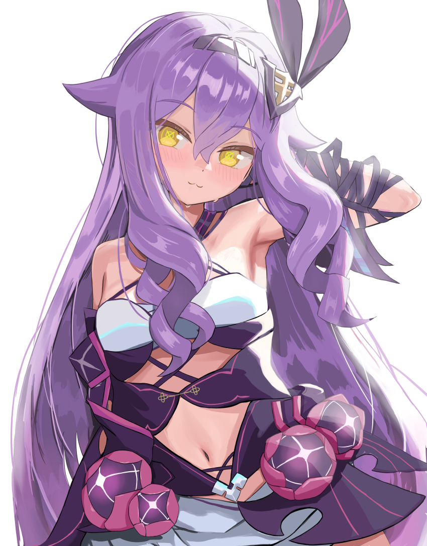 1girl absurdres armpits bare_shoulders breasts clothing_cutout commentary_request dress highres honkai_(series) honkai_impact_3rd long_hair looking_at_viewer masita_(kcsf3528) navel navel_cutout purple_dress purple_hair simple_background sirin sirin_(miracle_magical_girl) small_breasts solo very_long_hair white_background yellow_eyes