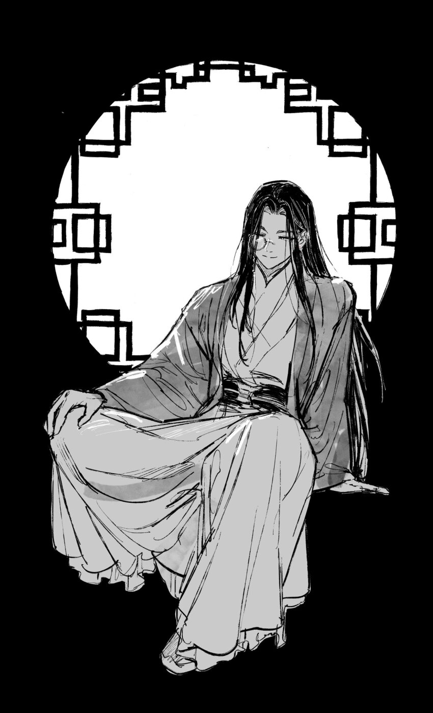 1boy arm_support chinese_clothes chuckchuck closed_mouth full_body greyscale gu_yun hand_on_own_knee hanfu highres lattice long_hair long_sleeves male_focus monochrome monocle one_eye_closed sash sha_po_lang smile solo wide_sleeves