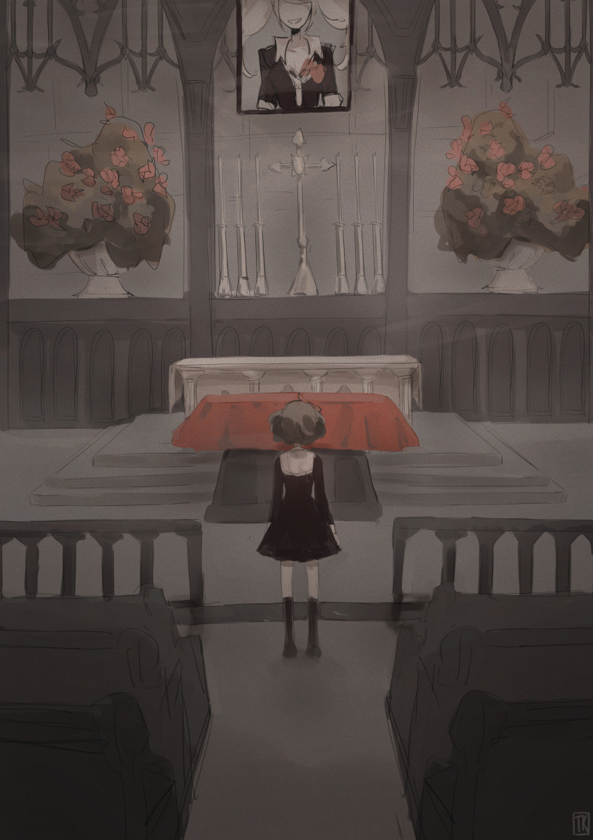 1girl absurdres black_dress church danganronpa_(series) danganronpa_another_episode:_ultra_despair_girls dress enoshima_junko from_behind funeral green_hair hair_ribbon hairband highres indoors long_sleeves muted_color plant potted_plant ribbon short_hair solo standing tiramikimono towa_monaca