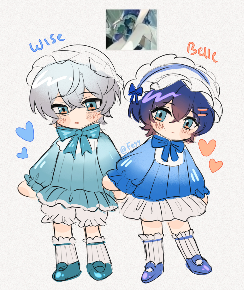 1boy 2girls artist_name belle_(zenless_zone_zero) blue_hair blush brother_and_sister chibi closed_mouth commentary crossed_bangs doll dress english_text felichiii frown game_screenshot_inset green_eyes grey_background grey_hair hair_between_eyes highres looking_at_viewer multiple_girls open_mouth siblings vivian_banshee white_dress wise_(zenless_zone_zero) zenless_zone_zero