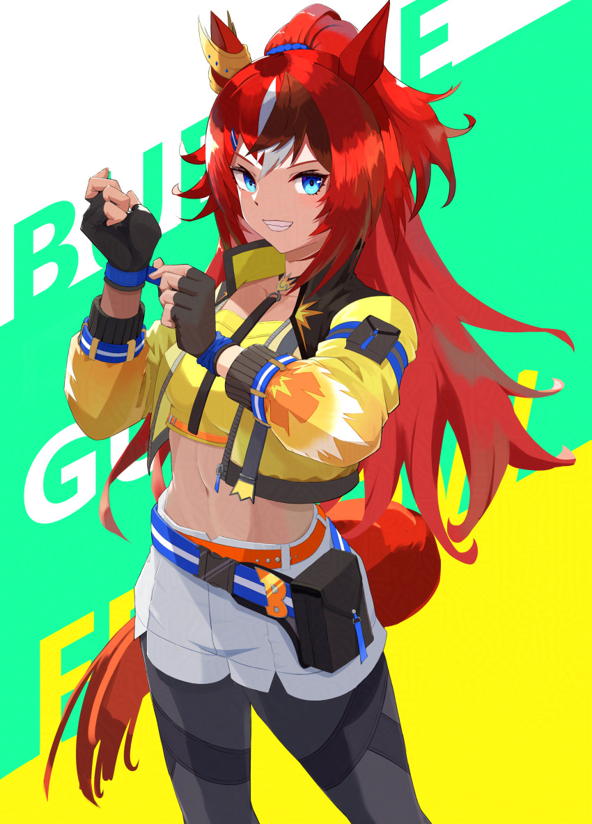 1girl absurdres animal_ears belt belt_bag blue_eyes blush breasts bubble_gum_fellow_(umamusume) crop_top fingerless_gloves gloves grin hair_between_eyes hair_ornament hairclip highres horse_ears horse_girl jacket long_hair looking_at_viewer madori_(madori151) midriff navel pantyhose red_hair shorts simple_background smile solo umamusume