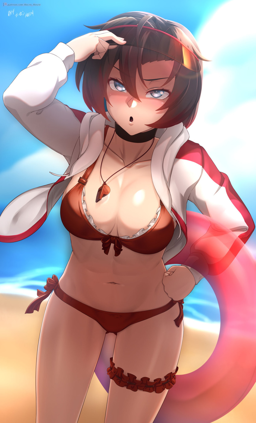 1girl :o abs arm_up beach bikini black_choker blue_sky blurry blurry_background breasts choker cleavage clenched_hand cloud cloudy_sky commentary cowboy_shot day english_commentary eyewear_on_head frilled_bikini_top front-tie_bikini_top front-tie_top grey_eyes hair_between_eyes hand_on_own_hip highres holding holding_swim_ring innertube jacket long_sleeves looking_at_viewer multicolored_jacket navel open_clothes open_jacket open_mouth outdoors paid_reward_available patreon_logo patreon_username red-framed_eyewear red_bikini red_jacket ruby_rose rwby side-tie_bikini_bottom signature sky solo standing sunglasses swim_ring swimsuit thigh_scrunchie two-tone_jacket variant_set vilde_loh_hocen watermark web_address whistle whistle_around_neck white_jacket