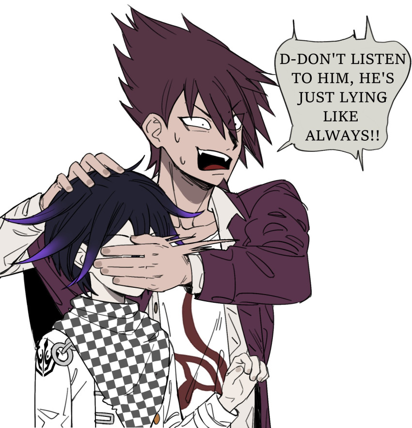 ! !! 2boys :d black_hair checkered_neckerchief collarbone danganronpa_(series) danganronpa_v3:_killing_harmony english_text facial_hair fangs goatee hand_on_another&#039;s_face hand_up highres jacket long_sleeves male_focus miri_(bossu_osu) momota_kaito multicolored_hair multiple_boys neckerchief oma_kokichi open_clothes open_jacket open_mouth open_shirt pink_jacket purple_hair shirt smile speech_bubble teeth two-tone_hair upper_body upper_teeth_only white_background white_jacket white_shirt