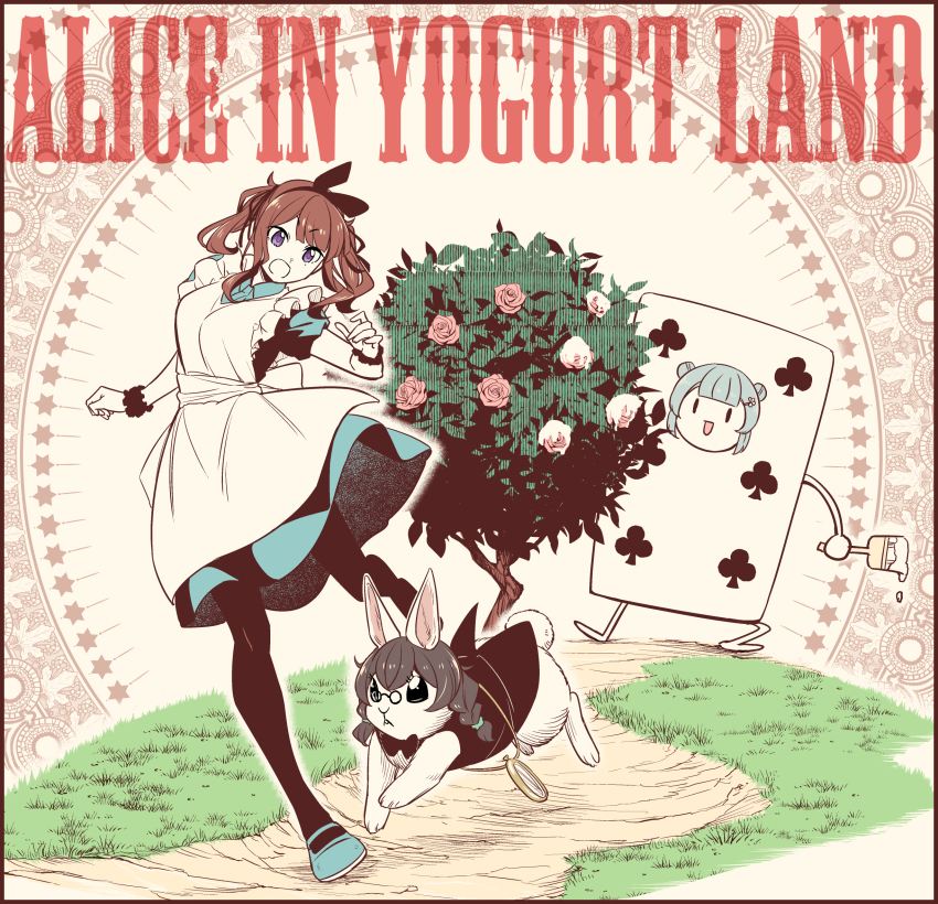 3girls :d alice_(alice_in_wonderland) alice_(alice_in_wonderland)_(cosplay) alice_in_wonderland animalization apron aqua_shoes black-framed_eyewear black_bow black_bowtie black_hair black_hairband black_pantyhose blue_dress bow bow_hairband bowtie braid brown_eyes brown_hair colored_skin cosplay dress flower frilled_apron frills glasses grass grey_hair hairband hanakuma_chifuyu highres holding holding_paintbrush jii_(seiga7099526) koharu_rikka multiple_girls natsuki_karin open_mouth outline paint paintbrush pantyhose pink_flower rabbit rose round_eyewear shoes six_of_clubs smile synthesizer_v tree twin_braids white_apron white_flower white_outline white_skin