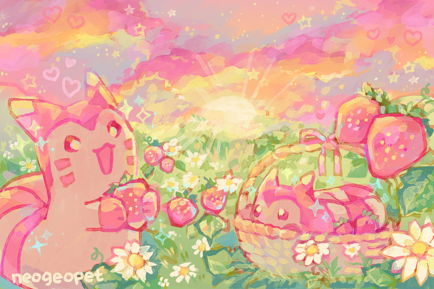 :3 alternate_color animal_focus basket cloud colorful commentary english_commentary ferret flower food fruit furret gen_2_pokemon grass heart highres holding holding_food holding_fruit neogeopet nintendo no_humans open_mouth outdoors pokemon pokemon_(creature) pokemon_focus shiny_pokemon smile strawberry sun sunset warm_colored white_flower