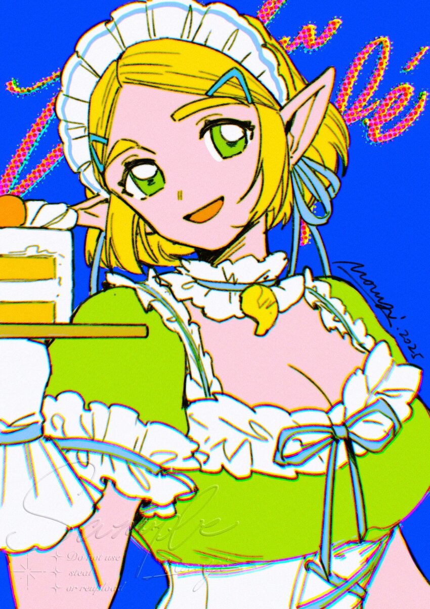 1girl 2023 artist_name blue_background breasts cake choker cleavage dress food gloves green_dress green_eyes hair_ornament hairclip highres holding holding_plate looking_at_viewer maid_headdress medium_breasts mouyi nintendo open_mouth parted_bangs plate pointy_ears princess_zelda puffy_short_sleeves puffy_sleeves ribbon_choker short_hair short_sleeves sidelocks smile solo the_legend_of_zelda the_legend_of_zelda:_breath_of_the_wild underbust upper_body waitress white_gloves