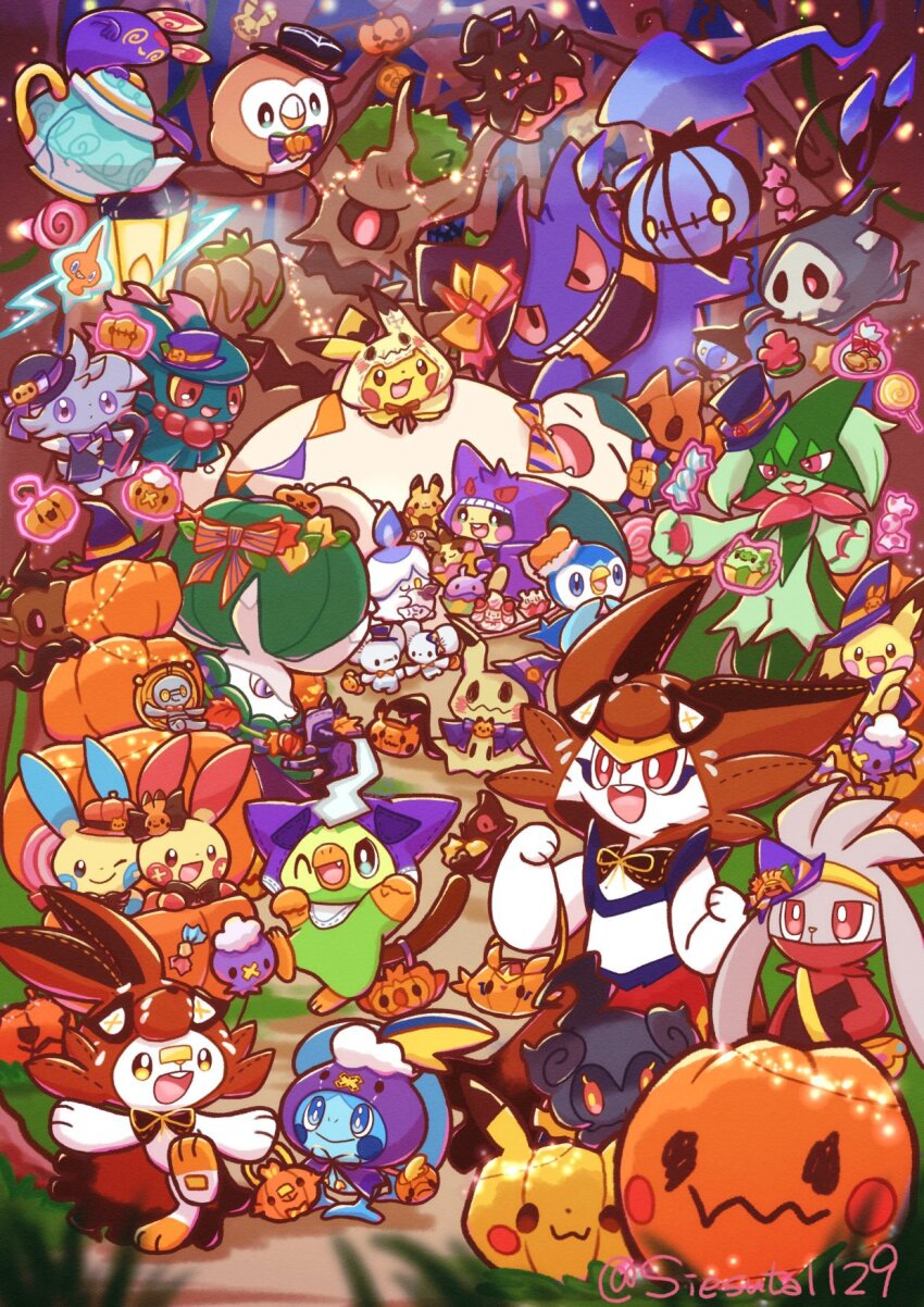 alcremie bow bright_pupils brown_eyes calyrex candy chandelure cinderace cupcake drifloon duskull espurr evolutionary_line fire food gen_1_pokemon gen_2_pokemon gen_3_pokemon gen_4_pokemon gen_5_pokemon gen_6_pokemon gen_7_pokemon gen_8_pokemon gengar gimmighoul gokuaku_rabbit goomy green_hair grookey halloween halloween_costume hat highres hood hoodie jack-o&#039;-lantern lamp legendary_pokemon litwick lollipop mask meowscarada milcery mimikyu minun misdreavus morpeko morpeko_(full) nintendo outdoors phantump pichu pikachu piplup plusle pokemon pokemon_(creature) pumpkaboo pumpkin raboot rotom rowlet scorbunny smile snorlax sobble sprigatito starter_pokemon_trio telekinesis tree trevenant twitter_username white_pupils yamask