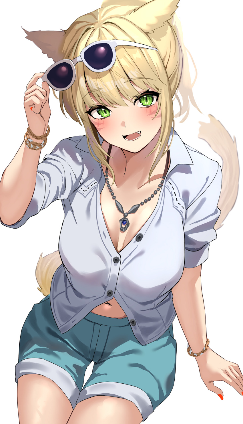 1girl adjusting_eyewear aqua_shorts arm_at_side blonde_hair blush borrowed_character bracelet breasts cat_girl cleavage collared_shirt cowboy_shot denim denim_shorts facial_mark fang green_eyes hand_up happy highres invisible_chair jewelry looking_at_viewer medium_breasts midriff_peek nail_polish navel necklace open_mouth original partially_unbuttoned pendant ponytail red_nails second-party_source shirt short_shorts short_sleeves shorts simple_background sitting slit_pupils smile solo sunglasses swept_bangs uuroncha whisker_markings white-framed_eyewear white_background white_shirt yellow_tail