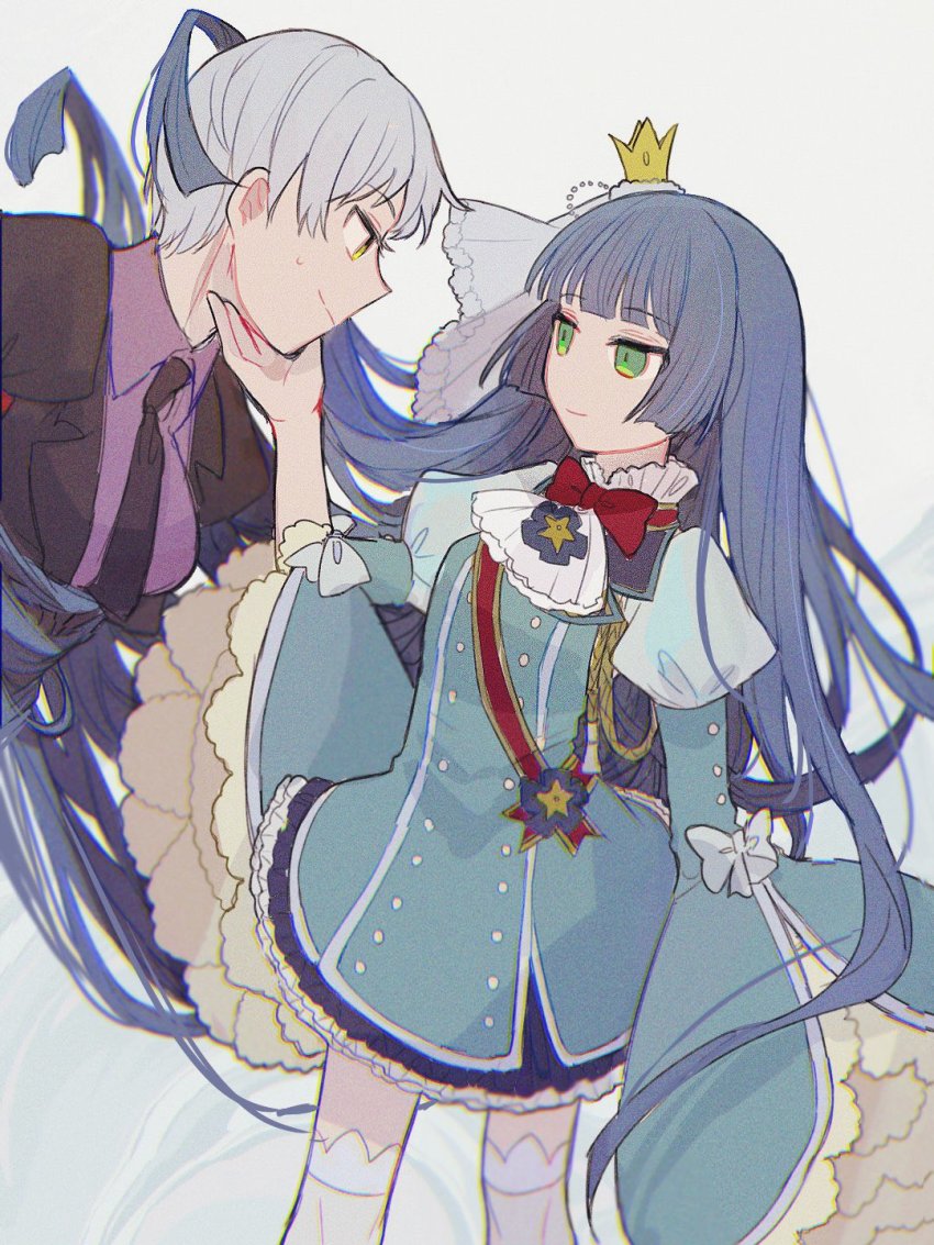 2girls bakara_(zattayo2222) blue_dress blue_hair crown dress green_eyes grey_eyes hand_on_another&#039;s_chin highres hime_cut long_hair long_sleeves mini_crown multiple_girls necktie piece_(umineko) simple_background smile standing umineko_no_naku_koro_ni ushiromiya_kyrie white_hair