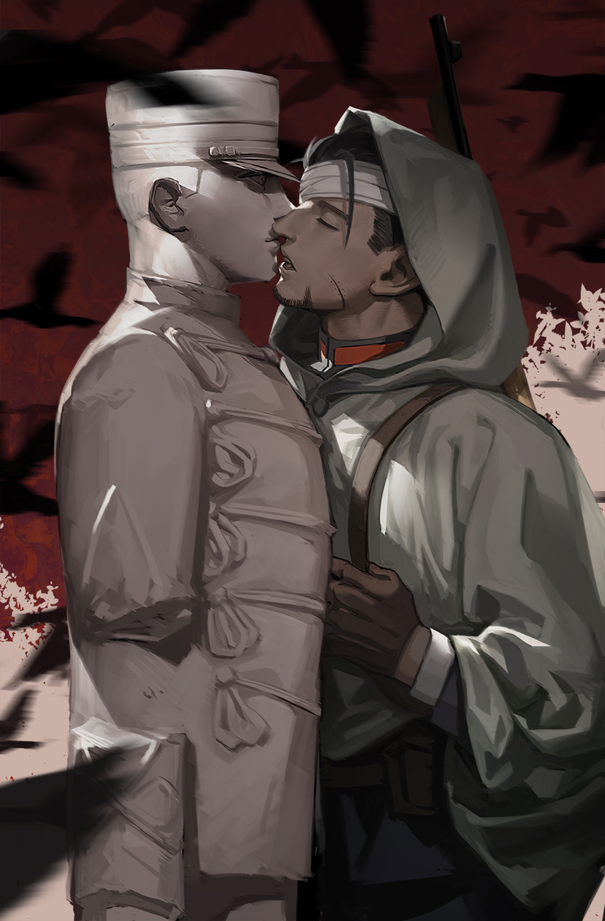 1boy arisaka bandage_over_one_eye black_eyes black_hair blue_jacket bolt_action cloak collared_jacket commentary_request facial_hair facial_scar feet_out_of_frame from_side goatee golden_kamuy gun hair_slicked_back hair_strand hanazawa_yusaku highres hood hooded_cloak imperial_japanese_army jacket kiss male_focus mature_male midomido military military_uniform ogata_hyakunosuke rifle scar scar_on_cheek scar_on_face short_hair sideburns statue stubble undercut weapon