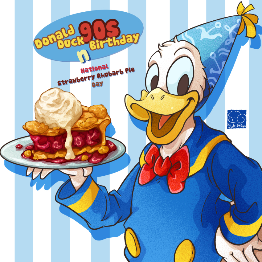 1boy artist_logo artist_name beak bird bird_boy blue_sailor_collar bow character_name disney donald_duck duck duck_boy food food_name hat highres holding holding_plate logo male_focus mickey_mouse_&amp;_friends open_mouth party_hat pie pie_slice plate red_bow sailor_collar sailor_shirt shirt strawberry_rhubarb_pie striped_background yuki00yo