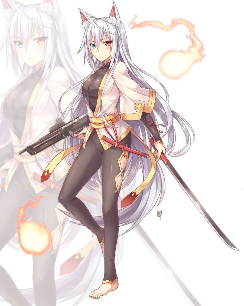 1girl absurdres animal_ears artist_request assault_rifle barefoot blush bodysuit dagger feet finger_on_trigger fox_ears fox_tail gun heterochromia highres japanese_clothes katana kimono knife long_hair luzi nail_(hardware) non-web_source obi open_clothes open_kimono original pants rifle sash shirasaya short_kimono short_sword sword tail tantou tight_clothes tight_pants toeless_legwear toenails toes very_long_hair weapon white_hair zoom_layer