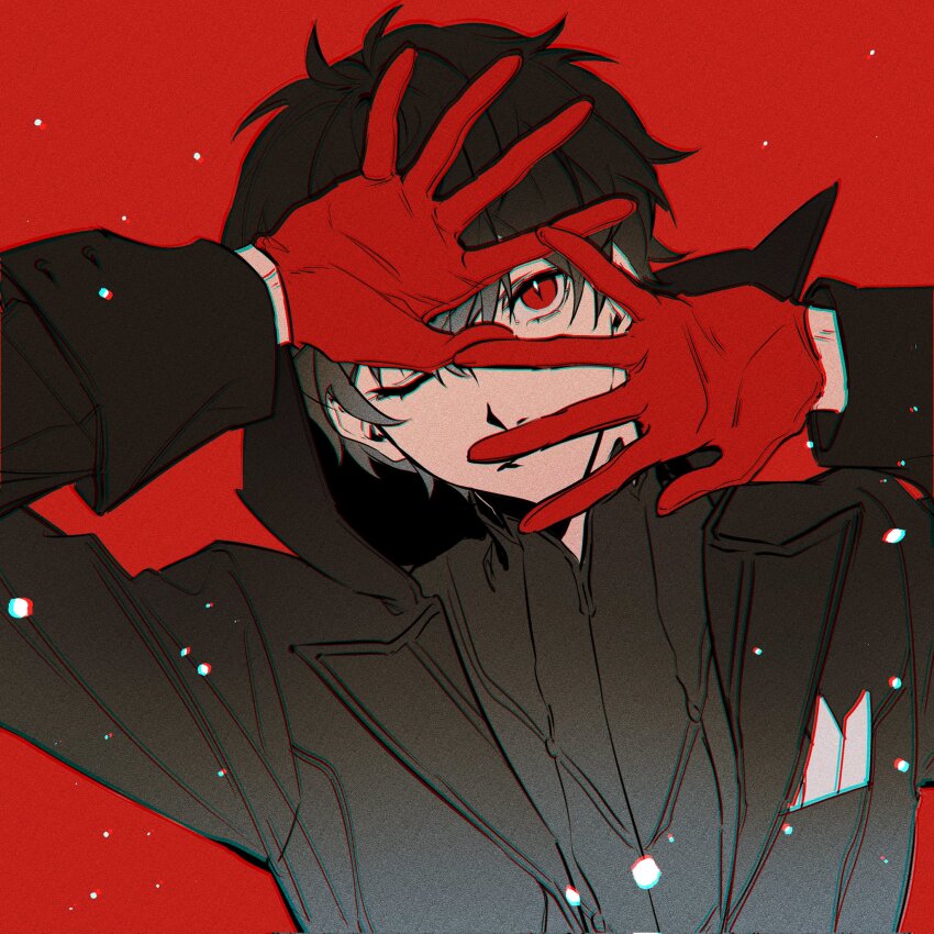1boy amamiya_ren black_coat black_hair coat covering_face gloves highres joker_(persona_5) lluyss long_sleeves male_focus medium_hair messy_hair one_eye_closed persona persona_5 red_background red_eyes red_gloves solo