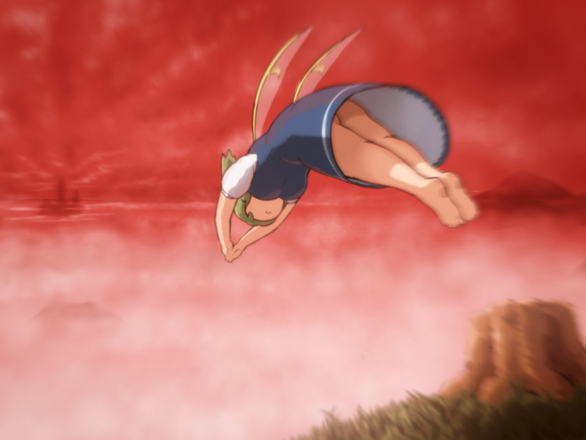 1girl barefoot blue_vest blurry closed_mouth commentary_request daiyousei depth_of_field diving dress fairy fairy_wings fog grass green_hair long_hair misty_lake no_panties puffy_short_sleeves puffy_sleeves red_sky scarlet_devil_mansion shirosato short_sleeves side_ponytail skirt sky solo touhou tree_stump upskirt vest whispered_oracle_of_hakurei_shrine wings