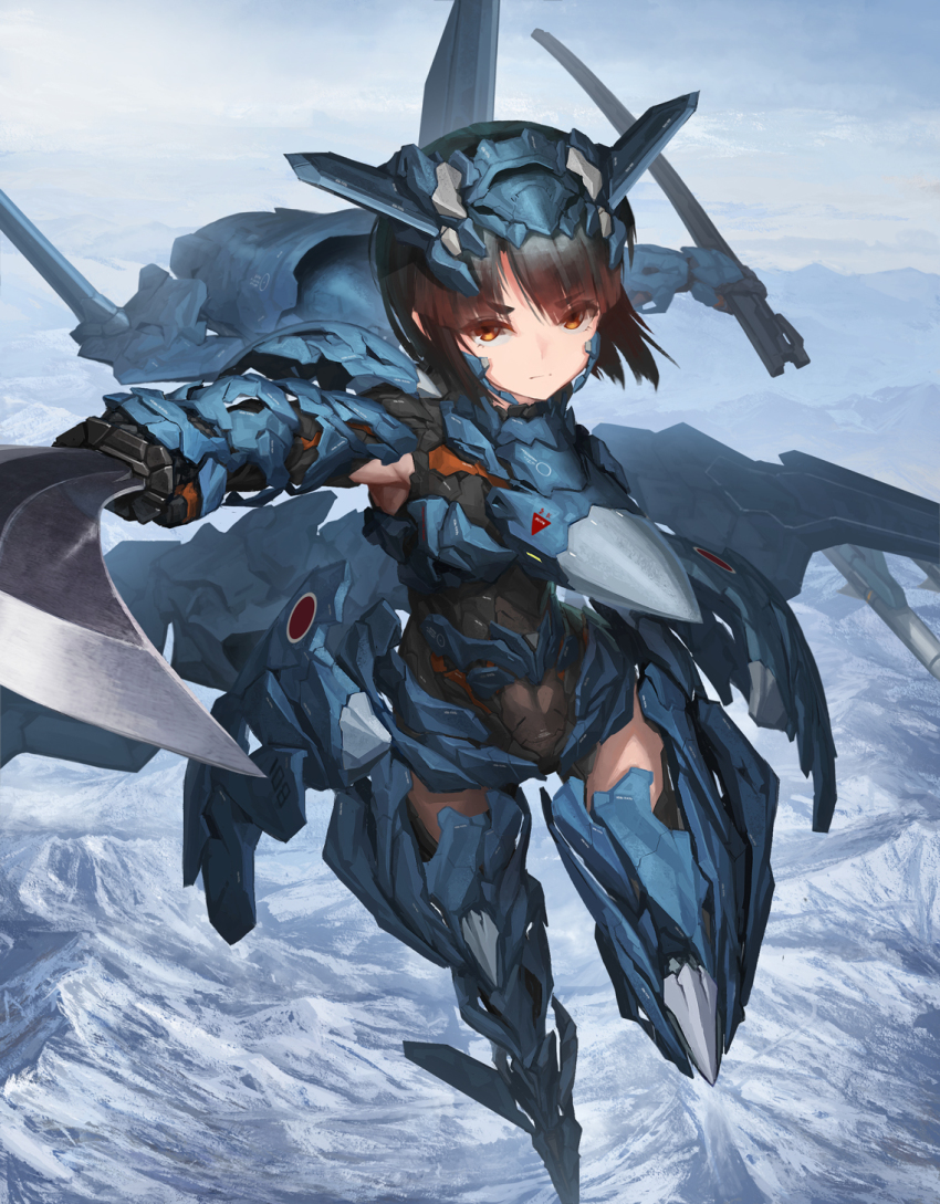 1girl ace_combat ace_combat_assault_horizon aircraft airplane armpits asf-x_shinden_ii breasts brown_eyes brown_hair female_focus gloves highres jet looking_at_viewer mecha_musume medium_breasts personification short_hair solo thighhighs tom-neko_(zamudo_akiyuki) weapon