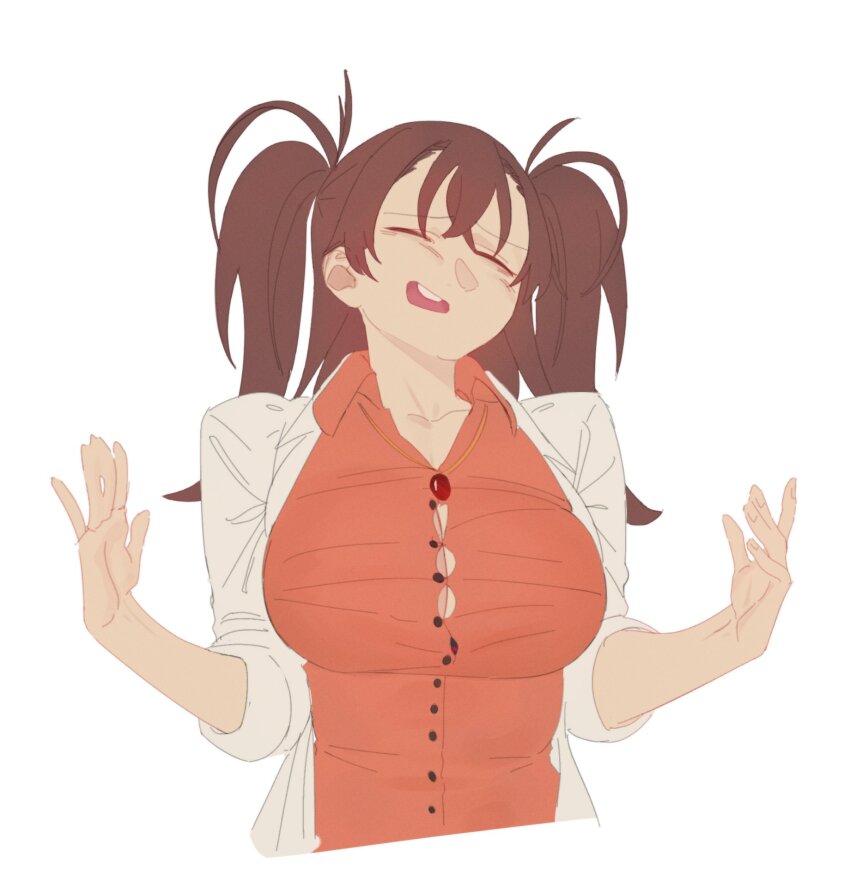 1girl artist_request breasts brown_hair dr._arach highres lab_coat large_breasts long_hair open_mouth orange_vest tsukihime tsukihime_(remake) twintails vest white_background