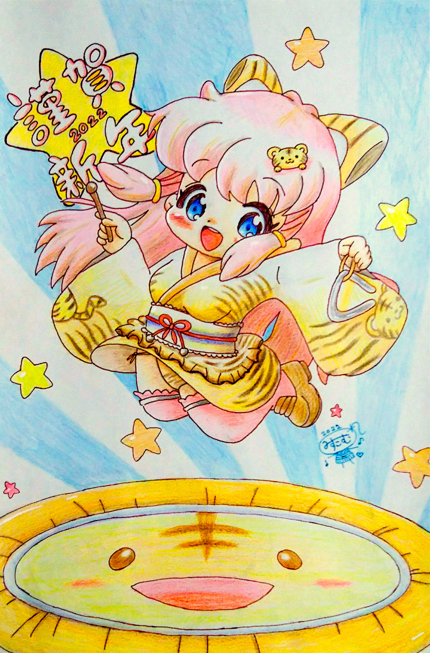 1girl 2022 20s animal_ears animal_hair_ornament animal_print blue_background blue_eyes blush breasts brown_shoes child chinese_zodiac hair_tubes happy_new_year holding holding_instrument instrument japanese_clothes jumping kimono long_hair long_sleeves looking_at_viewer misukomu_plus new_year obi open_mouth orange_kimono orange_panties original panties pink_hair pink_thighhighs print_kimono print_panties sash shoes side-tie_panties small_breasts smile star_(symbol) star_symbol_background sunburst sunburst_background teeth thighhighs tiger_ears tiger_girl tiger_hair_ornament tiger_print traditional_media trampoline triangle_(instrument) underwear wide_sleeves wind wind_lift year_of_the_tiger zodiac_girl_(misukomu_plus)