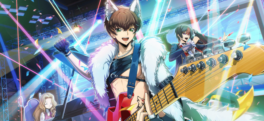 1girl 2boys ^_^ animal_ears arm_up artist_request asymmetrical_gloves band_(music) black_choker black_gloves black_hair black_shirt blue_coat brown_hair chain chain_necklace choker closed_eyes closed_mouth coat code_geass code_geass:_lost_stories collarbone collared_shirt concert confetti crop_top demon_boy demon_wings dress dutch_angle earrings fingerless_gloves fur_coat game_cg gloves grand_piano green_eyes guitar hair_between_eyes hair_intakes hand_up happy highres holding holding_guitar holding_instrument holding_microphone holding_plectrum indoors instrument jewelry kururugi_suzaku lelouch_vi_britannia lens_flare long_hair long_sleeves looking_at_viewer male_focus microphone multiple_boys multiple_earrings music necklace necktie non-web_source nunnally_vi_britannia official_art open_clothes open_coat open_mouth outstretched_arm pectorals piano pinafore_dress playing_instrument plectrum purple_dress purple_eyes purple_necktie ring school_uniform shirt short_hair sidelocks singing single_sleeve sleeveless sleeveless_dress smile solo_focus stage stage_lights standing stomach_tattoo strobe_lights stud_earrings sweat tattoo teeth toned upper_body white_coat white_shirt wings wolf_boy wolf_ears
