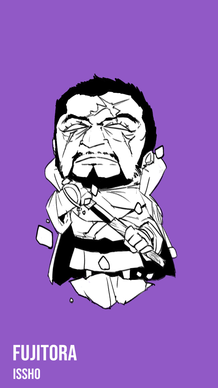 1boy beard blacknirrow blank_eyes character_name chibi clenched_hands closed_mouth coat coat_on_shoulders english_text facial_hair forehead fujitora_(one_piece) full_body hand_up high_collar highres holding holding_sword holding_weapon japanese_clothes katana kimono long_sleeves looking_up male_focus mustache one_piece purple_background sash scar scar_across_eye scar_on_face sheath simple_background sketch solo standing sword unsheathing weapon wide_sleeves