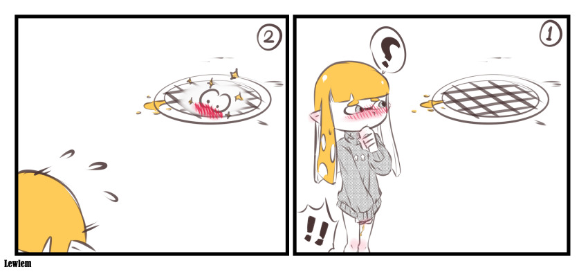 ! !! 1girl 1other 2koma ? blush comic embarrassed flying_sweatdrops grate hand_to_own_mouth highres inkling inkling_girl inkling_player_character lewlem long_sleeves medium_hair nintendo no_pants nose_blush panels pointy_ears sewer_grate sidelocks simple_background splatoon_(series) sweater tentacle_hair turtleneck turtleneck_sweater white_background