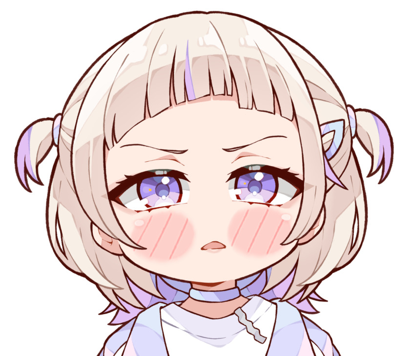 1girl blonde_hair blush_stickers choker highres hololive hololive_dev_is kukie-nyan open_mouth purple_choker purple_eyes purple_streaks shirt simple_background solo todoroki_hajime todoroki_hajime_(1st_costume) two_side_up virtual_youtuber white_background white_shirt