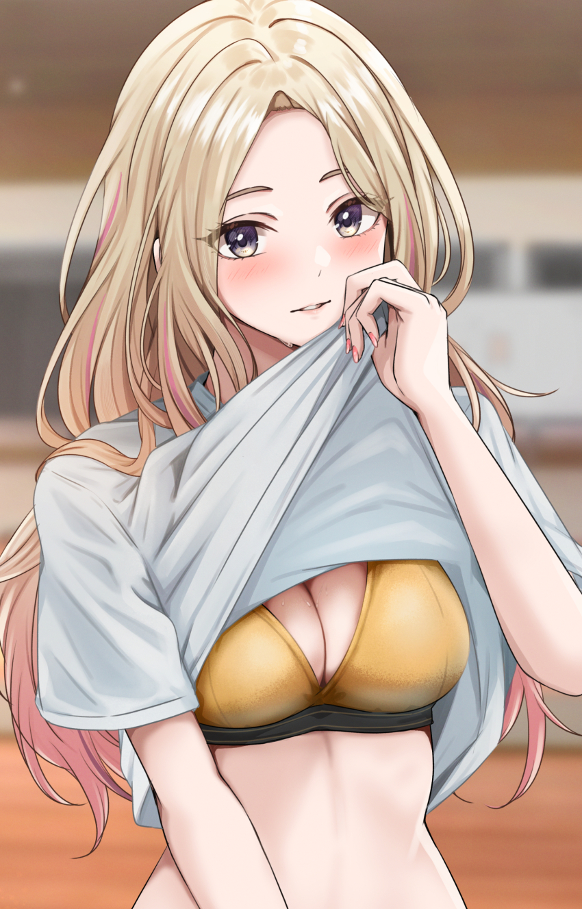 1girl absurdres blonde_hair blurry blurry_background blush bra breasts cleavage clothes_lift fingernails forehead gakuen_idolmaster highres idolmaster indoors juo_sena lifting_own_clothes long_hair looking_at_viewer medium_breasts multicolored_hair nail_polish pink_hair shirt shirt_lift solo streaked_hair sweat t-shirt two-tone_hair underwear upper_body very_long_hair white_shirt wiping_sweat wiping_with_clothes yellow_bra yuzuyu_(hyui)