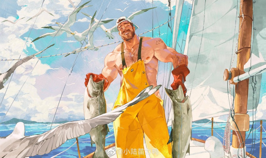 1boy absurdres anchor_necklace animal arm_hair backwards_hat bara bare_pectorals baseball_cap beard bird blue_sky brown_hair chest_hair facial_hair feet_out_of_frame fish fishing foreshortening gloves hairy hat highres holding holding_animal holding_fish jewelry large_pectorals male_focus mature_male muscular muscular_male mustache naked_overalls necklace nipples ocean original overalls pectorals perspective red_gloves sail ship short_hair sky smile solo standing swan thick_eyebrows watercraft xiaolumiaoliya yellow_overalls