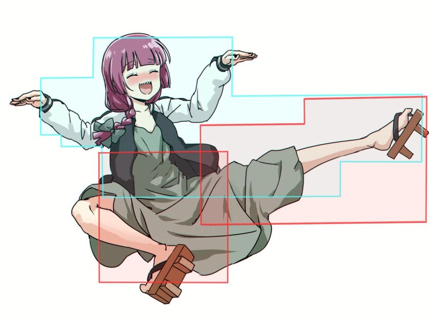 1girl :d ^_^ black_jacket black_nails blush bocchi_the_rock! closed_eyes collarbone dress fighting_game fingernails full_body geta green_dress hair_over_shoulder hiroi_kikuri hitbox jacket long_hair long_sleeves low-braided_long_hair low-tied_long_hair medium_dress meme multicolored_jacket nail_polish nintendo nose_blush open_clothes open_jacket open_mouth pink_hair sharp_teeth simple_background smash_64_pikachu_kick_(meme) smile solo super_smash_bros. teeth torako_(toramaru) twitter_username two-tone_jacket upper_teeth_only watermark white_background white_jacket