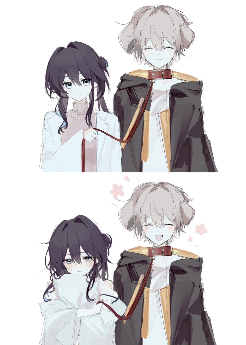 1boy 1girl animal_ears aqua_eyes bite_mark blush brown_hair caelus_(honkai:_star_rail) collar dog_boy dog_ears grey_hair highres honkai:_star_rail honkai_(series) leash ruan_mei_(honkai:_star_rail) sh_senni simple_background trailblazer_(honkai:_star_rail) upper_body