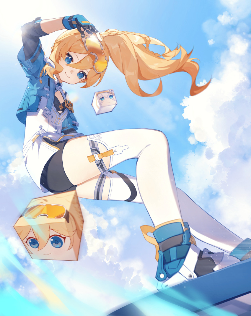 1girl absurdres adjusting_eyewear black_bra blonde_hair blue_eyes blue_sky bra braid closed_mouth cloud commentary cube dress durandal_(honkai_impact) durandal_(reign_solaris)_(honkai_impact) english_commentary fingerless_gloves floating_hair foot_out_of_frame gloves goggles goggles_on_head green_footwear green_gloves green_jacket hair_between_eyes hand_on_eyewear haruka_(rsyaooooo) highres honkai_(series) honkai_impact_3rd jacket long_hair long_sleeves orange-tinted_eyewear ponytail shorts shorts_under_dress sky smile solo thighhighs tinted_eyewear underwear white_dress white_thighhighs