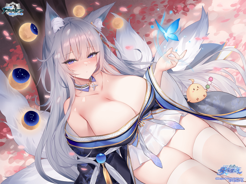 1girl against_tree anchor_symbol animal_ear_fluff animal_ears armpit_crease azur_lane bare_shoulders bird blue_butterfly blue_collar blue_kimono blush breasts bug butterfly character_name cherry_blossoms chick cleavage closed_mouth collar collarbone copyright_name dango detached_collar floating floating_object food fox_ears fox_girl fox_tail from_above grey_hair grey_tail hair_between_eyes hair_ornament hand_up highres huge_breasts insect japanese_clothes kimono kitsune kyuubi large_breasts large_tail logo long_hair long_sleeves looking_at_viewer miniskirt mole mole_under_eye moon multiple_tails non-web_source off_shoulder official_art petals pleated_skirt purple_eyes shinano_(azur_lane) short_kimono sidelocks sitting skindentation skirt skirt_under_kimono solo sora_72-iro tail thick_thighs thighhighs thighs tree very_long_hair wagashi white_skirt white_thighhighs wide_sleeves zettai_ryouiki